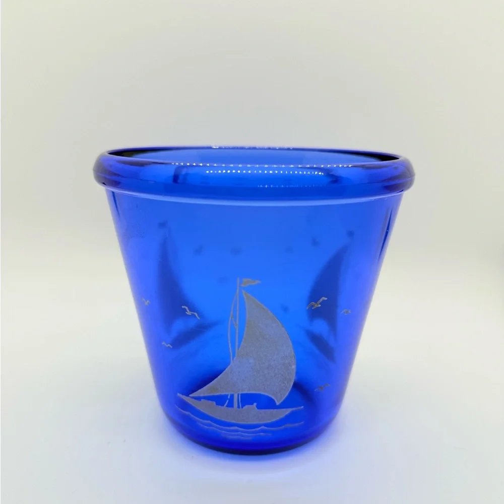 Vtg Hazel Atlas Cobalt Glass Sportsman Series Ships or‎ Sailboat Ice Bowl/Bucket